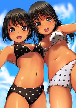 (e) two tanned girls standing in bikini