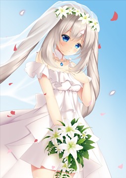 Marie Antoinette in a bridal dress holding a bouquet of lilies