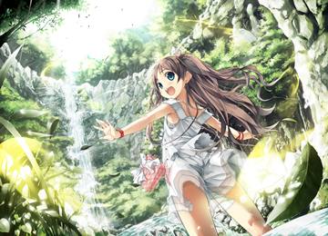 Sawai Natsuha standing in brook under waterfall