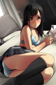 (e) sitting sideways on bed, showing teal pantsu