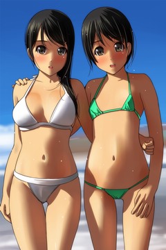 (e) 2 girls in bikini of different breast sizes