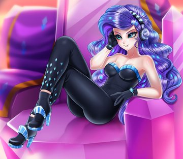 (e) Rarity wearing black with blue accents, listening to music by racoon-kun