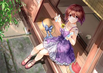 Hagiwara Yukiho in purple summer dress sitting on the porch