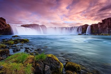 pink sky above the Godafoss Waterfall, Iceland