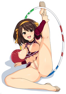 (s) (z) naked Haruhi lifting one leg up through a hula hoop, presenting by haruhisky