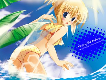 Artoria Pendragon in the sea wearing dotted yellow bikini by maruchan