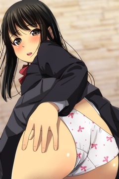 (e) bending over, revealing pantsu under her black dress