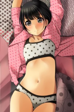 (e) reclining on bed, arms up, polka dot pattern