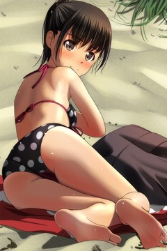 (e) on the beach in dotted bikini