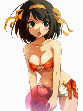 (e) Haruhi in beachwear, holding red ball