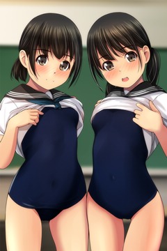 (e) two girls pulling shirts up to show swimsuits