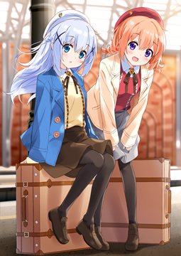 Kafuu Chino & Hoto Cocoa with travel cases by mousou