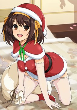 (e) Haruhi kneeling in a red Christmas dress by haruhisky