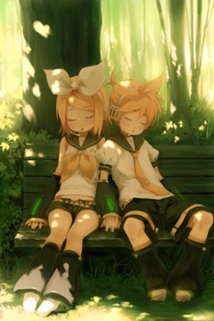 Len & Rin sleeping on a bench under trees