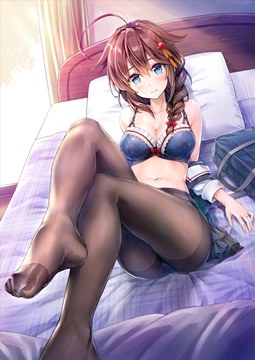 (e) Shigure in pantyhose sitting on bed