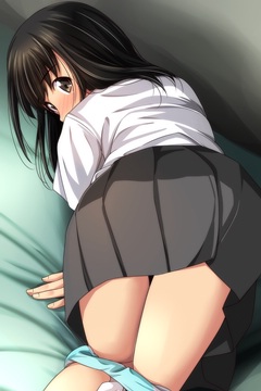 (e) kneeling on bed, pantsu at her knees, looking back