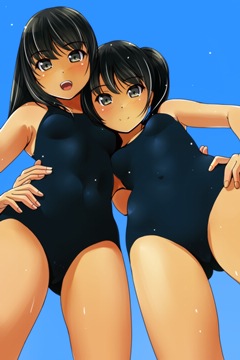 (e) two girls in swimsuits, dutch angle