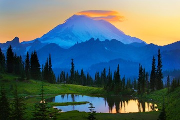blue Mount Rainier from Tipsoo Lake after sunset, Washington, USA