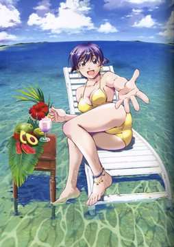 (e) Aoi on a submerged deck chair, table with tropical fruits (doujinshi)
