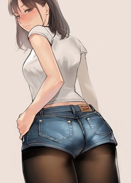 (e) girl standing in denim shorts and pantyhose, looking back by yomu