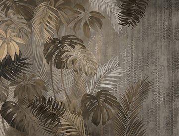 brown tropical leaves over greyish patterned background