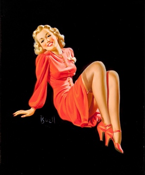 (e) Al Buell - smiling woman in red dress on black background