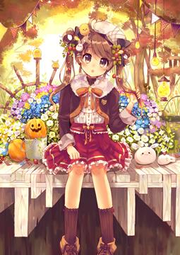 ! girl sitting on a rough wooden bench, rustic items in the back by sakura oriko