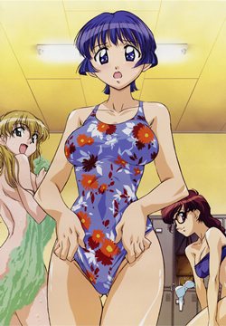 (e) Aoi adjusting her swimsuit, Tina and Taeko in the back