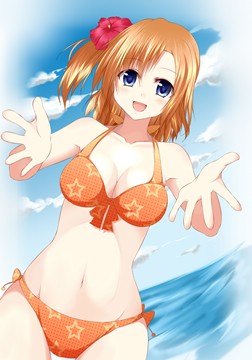 (e) Kousaka Honoka in orange swimsuit