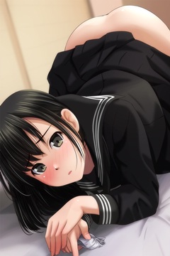 (e) on all fours on bed, pantsu in her hand