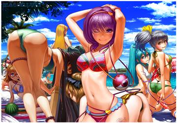 (e) Touhou girls posing on the beach