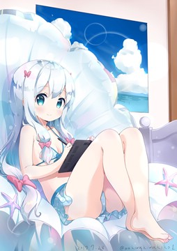 (e) Izumi Sagiri sitting on bed with tablet