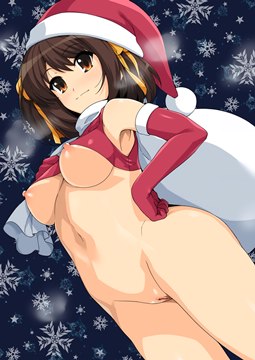 (s) Haruhi with a Santa hat & bag, naked lower body by haruhisky