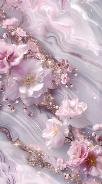 light pink flowers across marble background (AI)