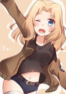 (e) Kay waving, showing belly and shorts