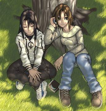 ! two girls listening to music under a tree by idnar