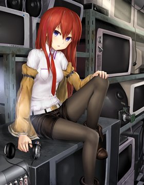 Makise Kurisu sitting in a room full of old TVs