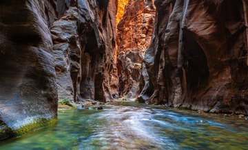 orange light above the Virgin River, Zion Narrows, Utah, USA