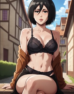 (e) Mikasa Ackerman sitting in lingerie with crossed legs by wod studio