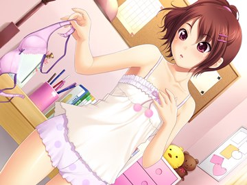 (e) Sakura Anna has night gown on, holding bra