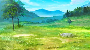 Field Day; painting of highland meadows with a mountainous background
