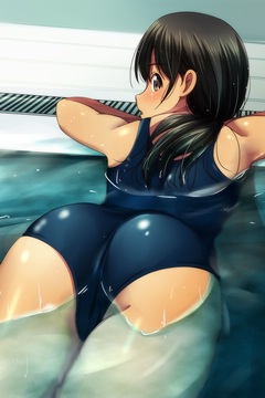 (e) holding onto the edge of the pool, showing butt in swimsuit