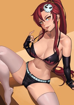 (e) Yoko Littner sitting on an edge, pulling on bra by lasterk