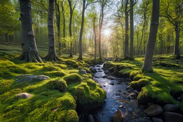 sun setting above a brook in a mossy beech forest, Germany