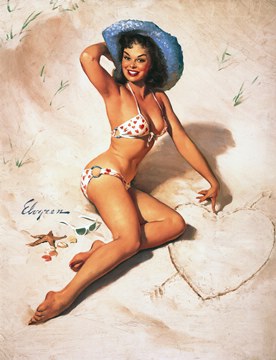 (e) Gil Elvgren - Just For You (1961); girl on the beach, heart in the sand