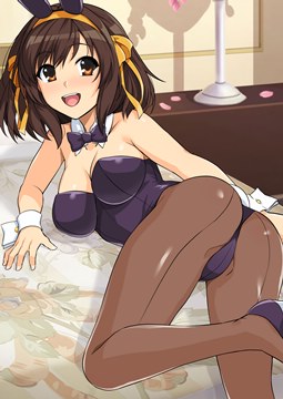 (e) Haruhi on bed in a bunnysuit, twisting around by haruhisky