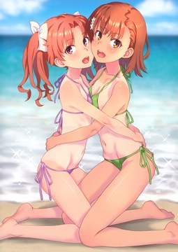 (y) Misaka Mikoto & Shirai Kuroko hugging on the beach, wearing bikini by raika9