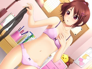 (e) Sakura Anna in pink underwear, holding pantyhose