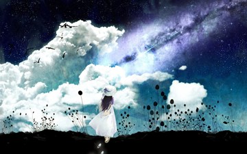! girl in white dress watching fantasy sky with prominent Milky Way