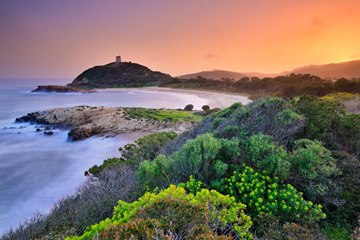 Su Portu beach and Chia Genovese viewing tower, Cagliari, Sardinia, Italy